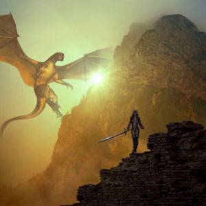 Website Graphics Dragon behind a mountain with a hero in the foreground